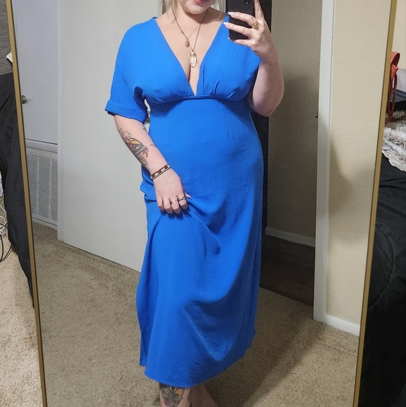 Deep V Neckline Blue Dress - Picture 1 of 5